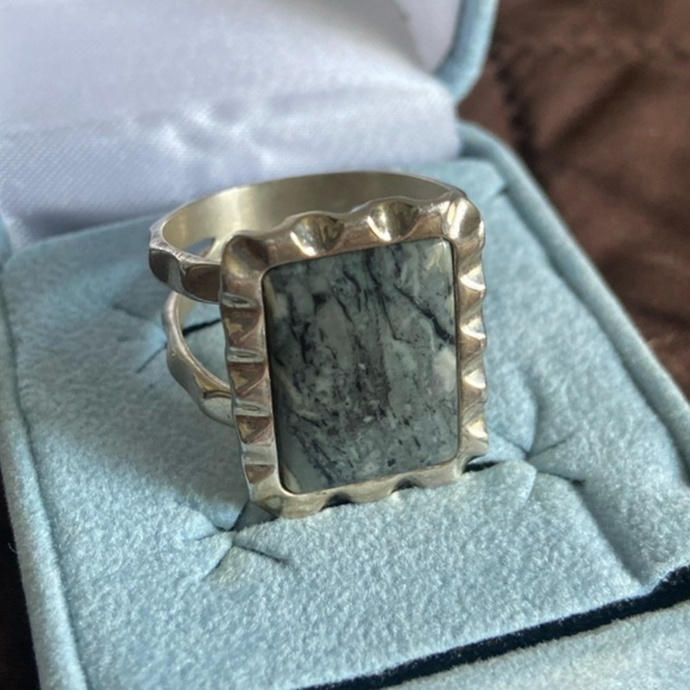 .925 Sterling Silver Shades of Gray Stone Block Statement Ring Sz 9.75 Sz 12